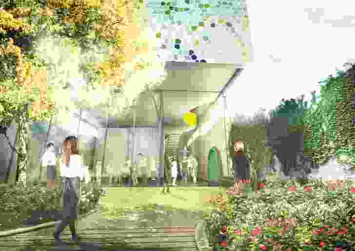 Durbach Block Jaggers design for the proposed new cooking school at Sydney Markets has been inspired by the concept of secret gardens and netted trees.