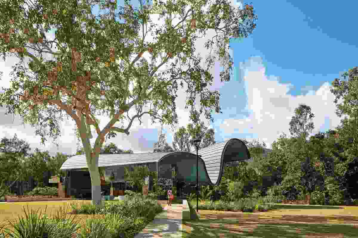 The roof canopy, made from two connected but opposing tapering valuts, engages with the adjacent Wadda Mooli Creek, a large event lawn, a water feature and connecting pathways.