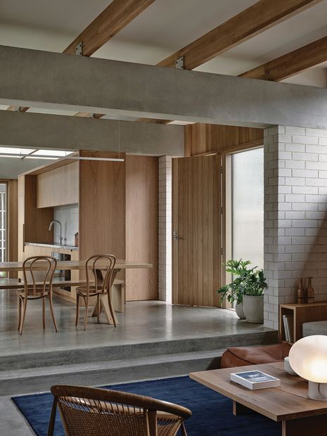 Concrete beams and timber rafters are left exposed in Home Pavilion (2023), reflecting a modernist interest shared by client and architect.