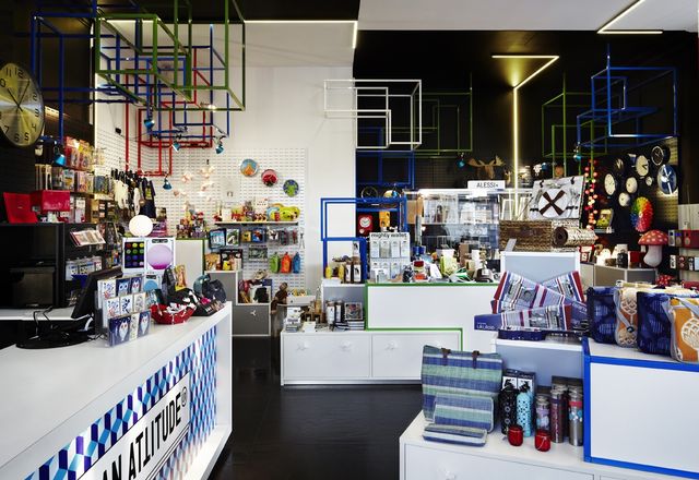 The interior relies on contrast and its Tetris-inspired fittings to highlight store displays.