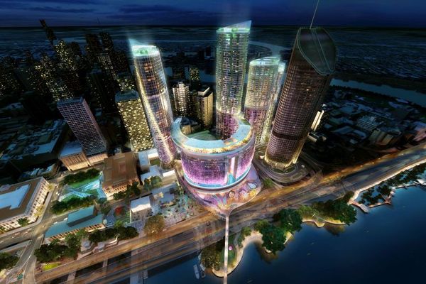 Aerial night view of the proposed Queens Wharf Brisbane casino resort redevelopment designed by Cottee Parker Architects.