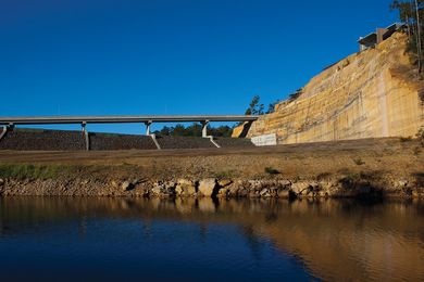 View east from Lake Burragorang. The visitor centre sits above the auxiliary spillway.