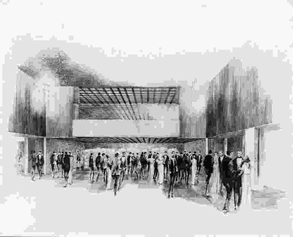 A sketch of the main assembly hall of the existing Australian embassy building in Washington DC designed by Bates, Smart and McCutcheon in 1964.