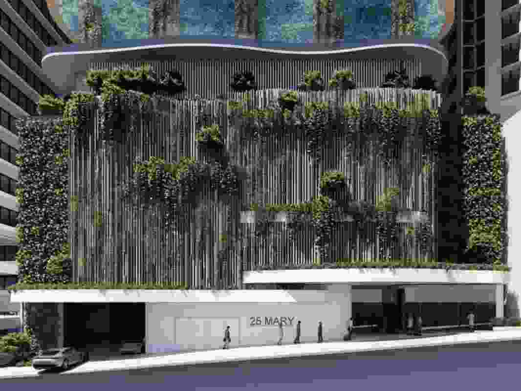 A "timber waterfall" feature reveals itself on the podium, with greenery cascading down.