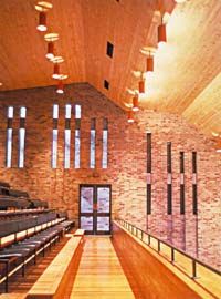 The articulation of the masonry walls and folded timber ceiling of Clubbe Hall demonstrate the subtlety of proportion and a sure command of geometric form.