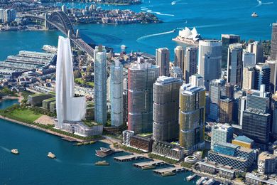 Lend Lease's proposal to locate the Wilkinson Eyre-designed Crown Hotel tower (far left) on land earmarked for a public park has caused a backlash from City of Sydney.