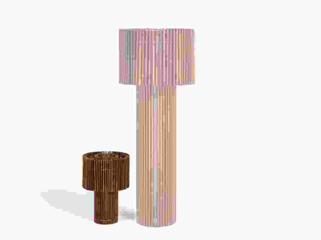 Wood Floor lamp has a solid teak and stainless steel structure.