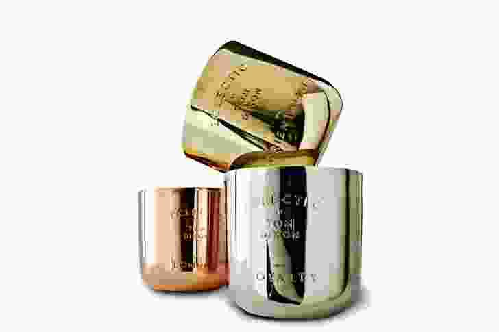 Scent Candle series in three scents in nickel, brass or copper pots with a marble lid. 