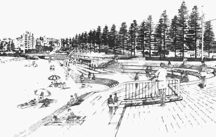 Artist Barry Mitchell's rendering of the proposed Coogee Beach amphitheatre and the background of the new planned environment, 1980s.  The project was completed in 1993.