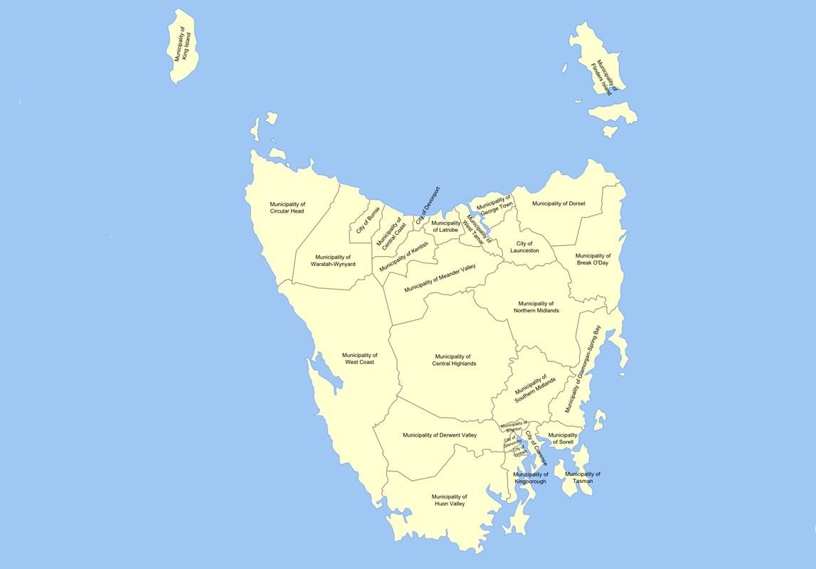 Local government areas of Tasmania  licensed under  CC BY-SA 3.