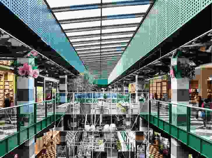 Pattern, colour and reflection help to bring a dynamic and ephemeral quality to Melbourne Central Arcade.