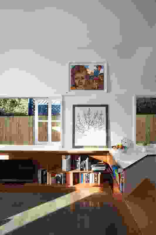 Living room detail, open to the side path. Art: David Bromley (top); Henry Matisse (bottom).