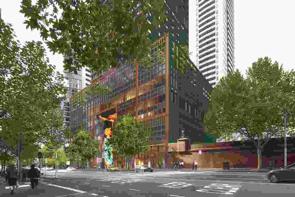 Podium of the mixed use tower at 383 Latrobe Street designed by Ateliers Jean Nouvel.