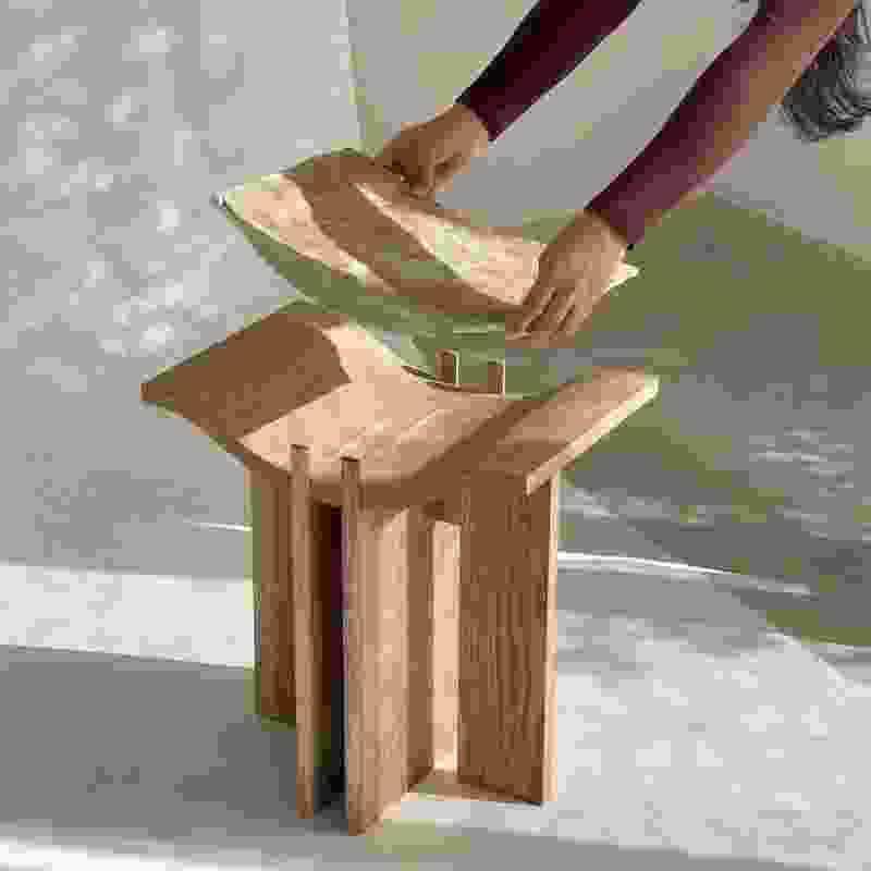 A compostable paper pulp material is used for the seat rest that sits atop the timber frame of the Summit (2022) stools.