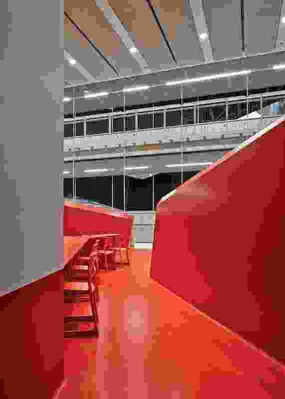 The Lovell Chen lounge, located on the second floor, is wrapped in red Marmoleum.