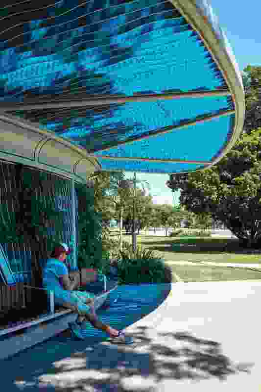 Light filters through the curved forms of the shade shelters, casting coloured patterns on the ground plane.