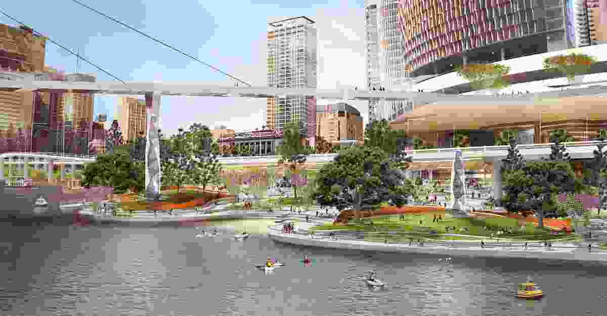 The landing from the river of proposed Queens Wharf Brisbane casino resort redevelopment designed by Cottee Parker Architects.