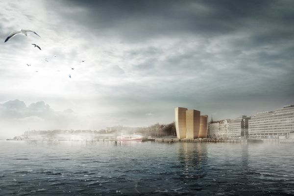 Anonymous finalist GH-76091181: Helsinki Five. The towers form a shimmering beacon on the shores of the Baltic Sea.