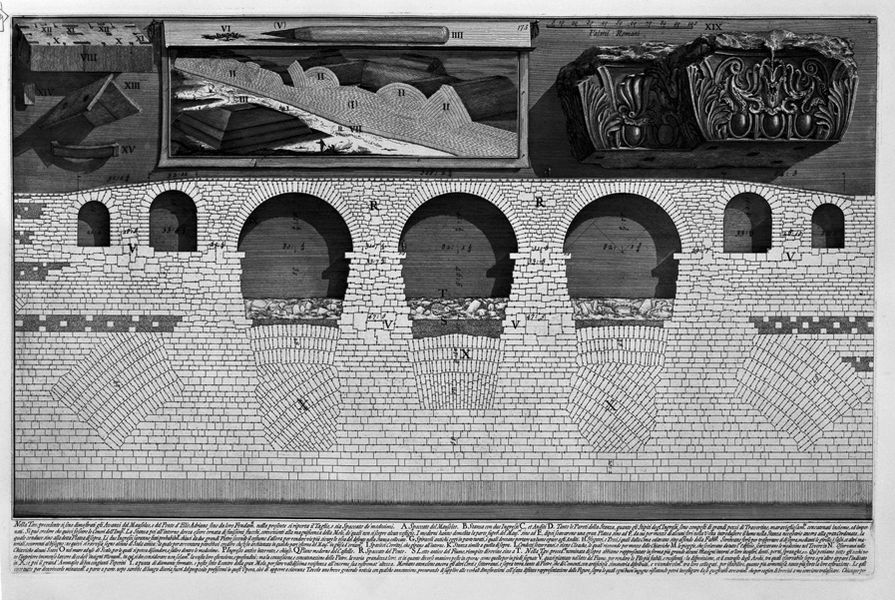 Cutaway view of the Mausoleum of Hadrian and the Elio Bridge St. Angel (The Roman Antiquities, Book 4, Plate VIII, 1756).