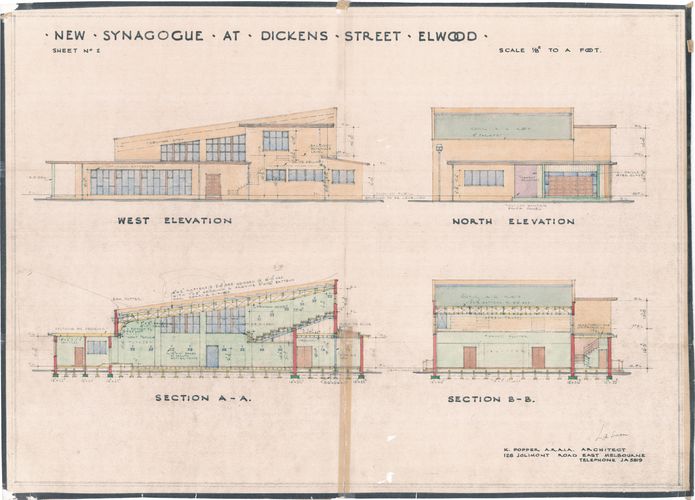 Elevations of the Elwood Talmud Torah by Kurt Popper, c. 1956.