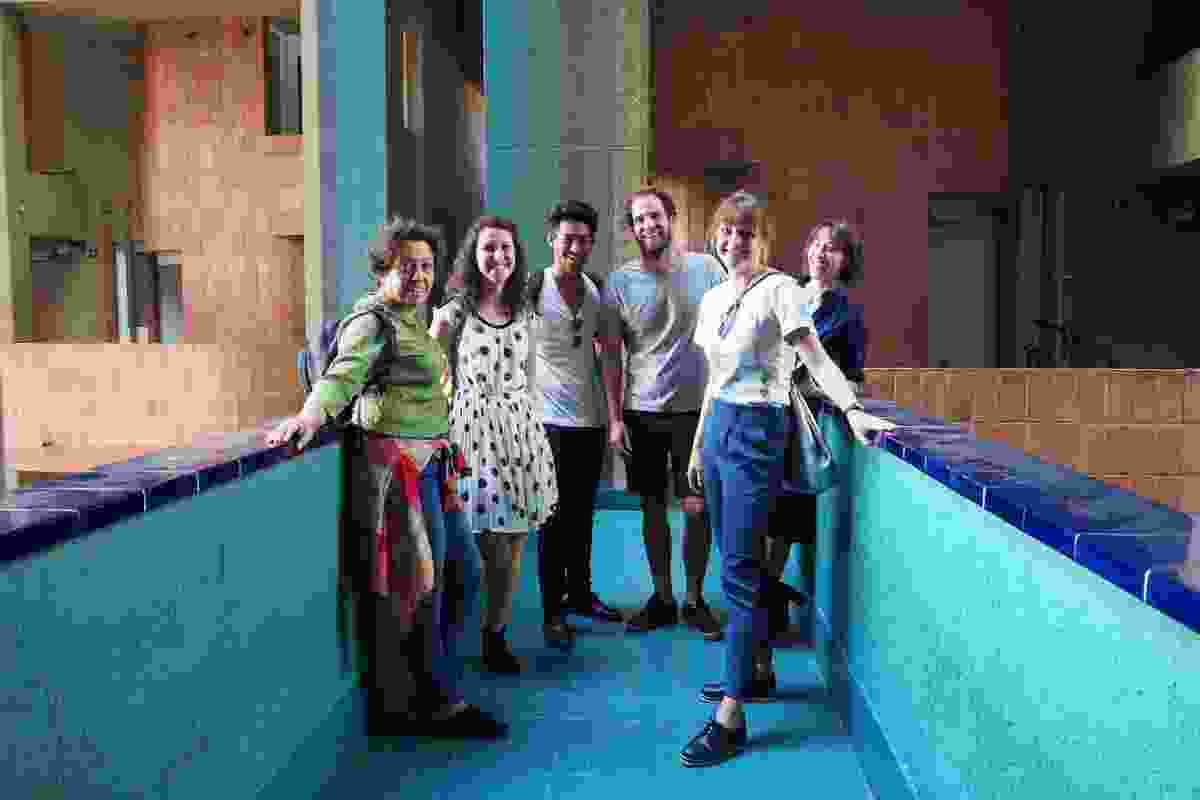 Tour guide of Walden 7 (and resident at this complex since 1994) Alexandra Olivella with 2017 Dulux Study Tour winners, Louisa Gee, Alberto Quizon, Morgan Jenkins, Clare Scorpo and Imogene Tudor.