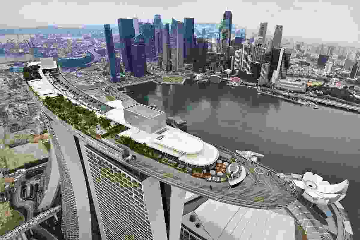 Aerial view of Skypark atop the Marina Sands Restort by Safdie Architects.