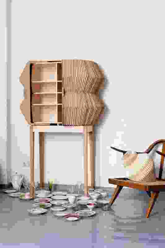 Elisa Strozyk’s Accordion Cabinet, made from flexible wood textiles, won first prize.