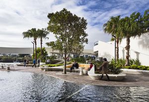 The shallow pool is part of the original plaza design by Harry Seidler & Associates.