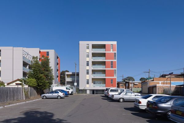 View west between the two buildings in the Dutton Street project