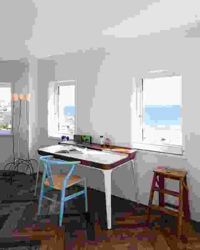 At one end of the living space a study nook, formerly a sunroom, takes in beautiful views of Bondi Beach.
