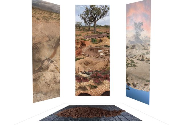 Triptych panels showing curated and edited Opal Imaginary images with extracted dirt from the south-west Queensland fossicking area. As a contrast to the objectification of opals within this landscape, extracted soil of the landscape is objectified as a visible and tangible object. The dirt will complete its 2000-kilometre-round-trip to be returned to the extraction area in 2023.