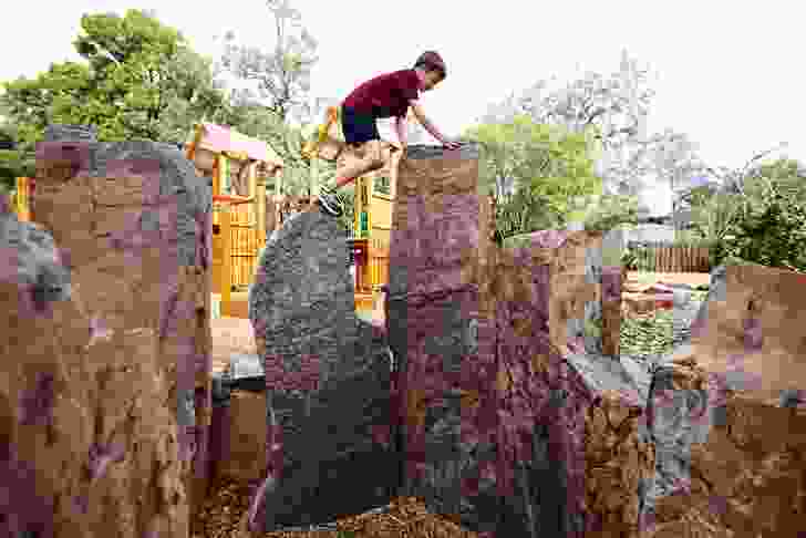 Rocks for clambering, a dry creek bed and the creation of a natural setting characterize JLA’s design for the playspaces at Tintern Grammar.