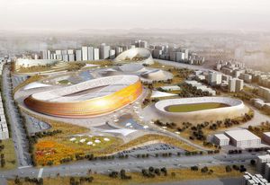 A render of a new stadium to be built in Addis Ababa, by design consortium LAVA, Designsport and JDAW.