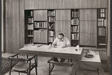 The House Talks Back: Fooks Exhibition and Open House. Pictured: Ernest Fooks in his study at 32 Howitt Road, 1967.