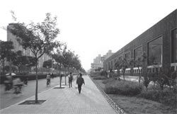 Street view of the Australian Embassy in Beijing, by
Denton Corker Marshall, on its completion in 1992.
The building draws on Beijing’s tradition of Hutong.
Photograph John Gollings.