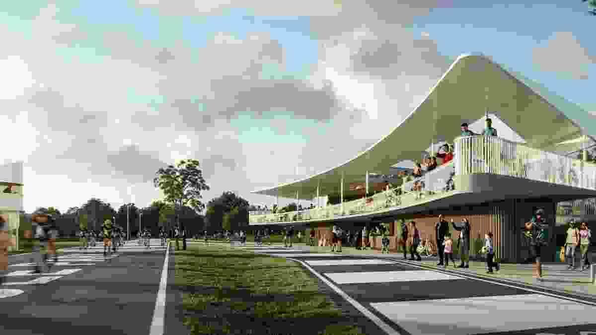 Render of clubhouse and cycle track for Murrarrie Recreation Reserve.