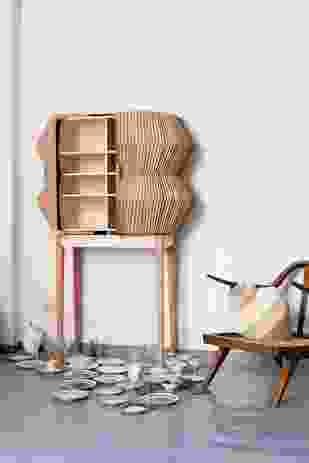 Elisa Strozyk’s Accordion Cabinet, made from flexible wood textiles, won first prize.