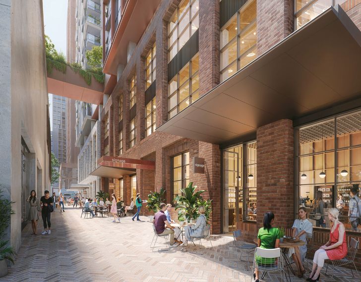 A pedestrian bridge for residents spans a new public pedestrian link, named Raglan Walk, on the ground floor, which runs north-south through the precinct.