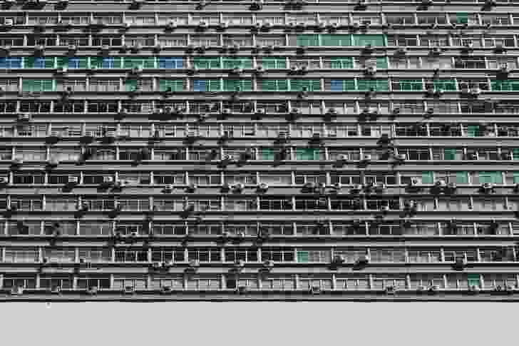 An office building covered in air conditioners in Brazil.