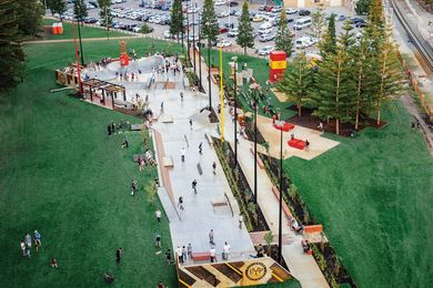 The Convic-designed Esplanade Youth Plaza is set between giant stands of Araucaria at Fremantle’s Esplanade Park.