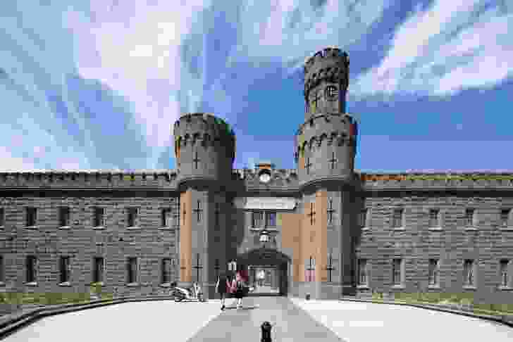 The intimidating bluestone entrance and guard towers of the original prison building embody the solidity of authority and reflect the site’s sombre history.