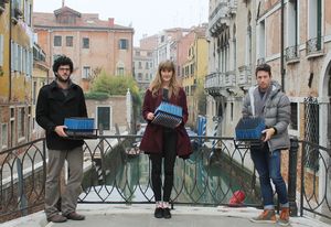 Ben Kazacos, Phoebe Baker-Gabb and Brock Hogan each hold a Mark – an interactive pad of pencils.