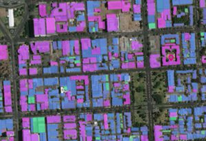 Mapping of building and roof materials in an Australian suburb, using GeoVision tools by Pitney Bowes derived from PSMA’s Geoscape data system, with imagery from shortwave infrared and multispectral sensors aboard DigitalGlobe’s WorldView 3 satellite.