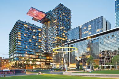 The high-profile One Central Park project features a thirty-three-metre cantilevered sky garden and mirror installation. Artwork: Halo by Jennifer Turpin and Michaelie Crawford.