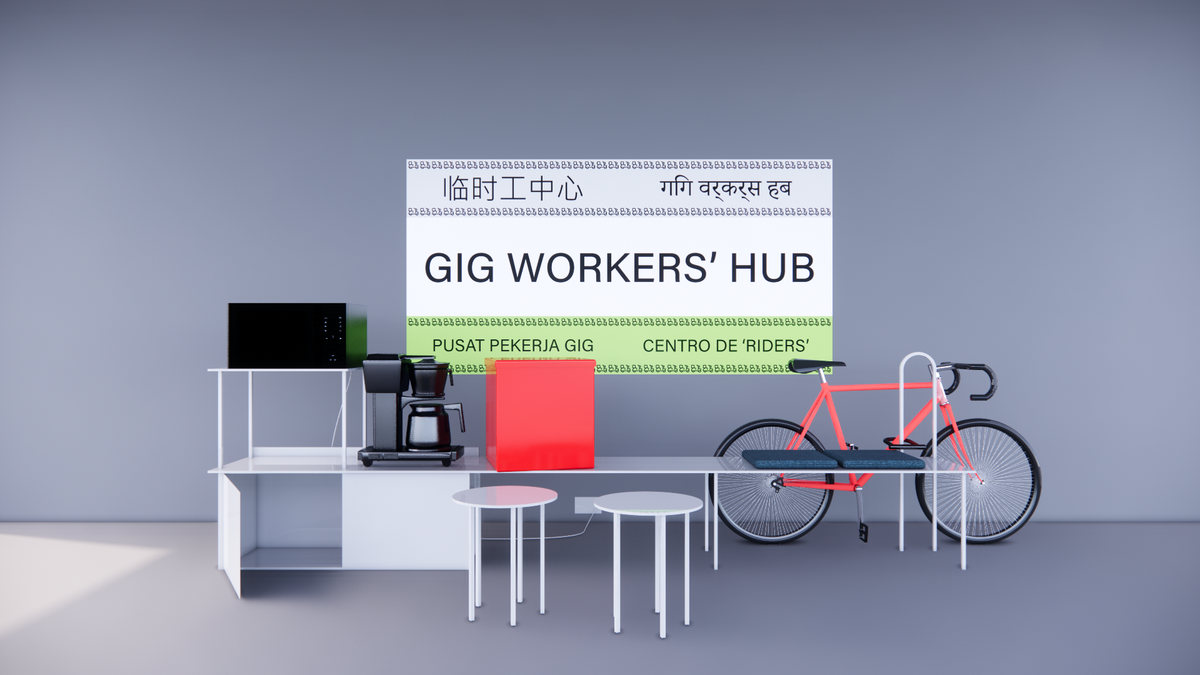 The Gig Workers’ Hub is designed to be easily replicated with what is to hand: foldable tables, stackable chairs, moveable partitions, a whiteboard.