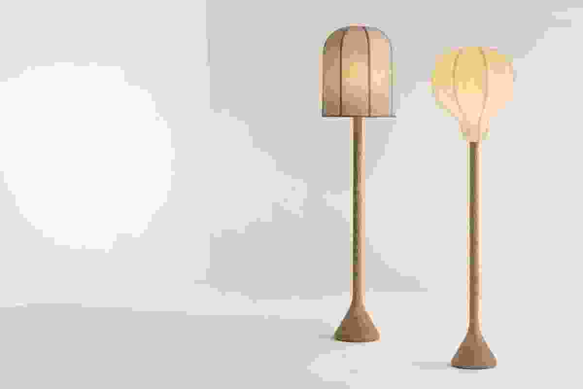 Pierre Yovanovitch's Flare Floor Lamps are made of gouged natural solid oak with fabric lampshades.