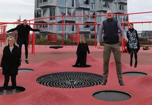 The 2019 Dulux Study Tour group at Nordhavn by Cobe Architects, L–R: Carly McMahon, Ben Peake, Alix Smith, Phillip Nielsen, and Jennifer McMaster.