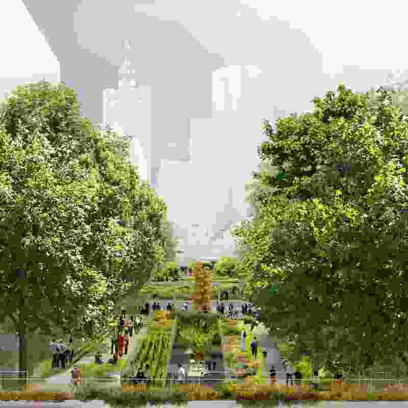 Hassell and SO–IL's proposed elevated inner-city park for Southbank's arts precinct.