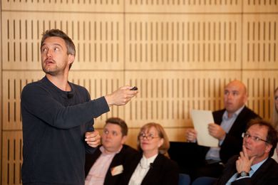 Design Speaks: Workplace/Worklife 2013  keynote speaker, Oliver Marlow of Tilt presenting. Looking on are (L–R): Cameron Bruhn (Architecture Media), Rosemary Kirkby (Rosemary Kirkby & Associates), moderator James Calder (Calder Consultants) and Peter Marix-Evans (ISIS). 