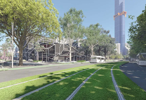 Render of the currently under-construction road to park conversion taking place on Southbank Boulevard by the City of Melbourne’s City Design Studio, featuring the under-construction Australia 108 building by Fender Katsalidis Architects.
